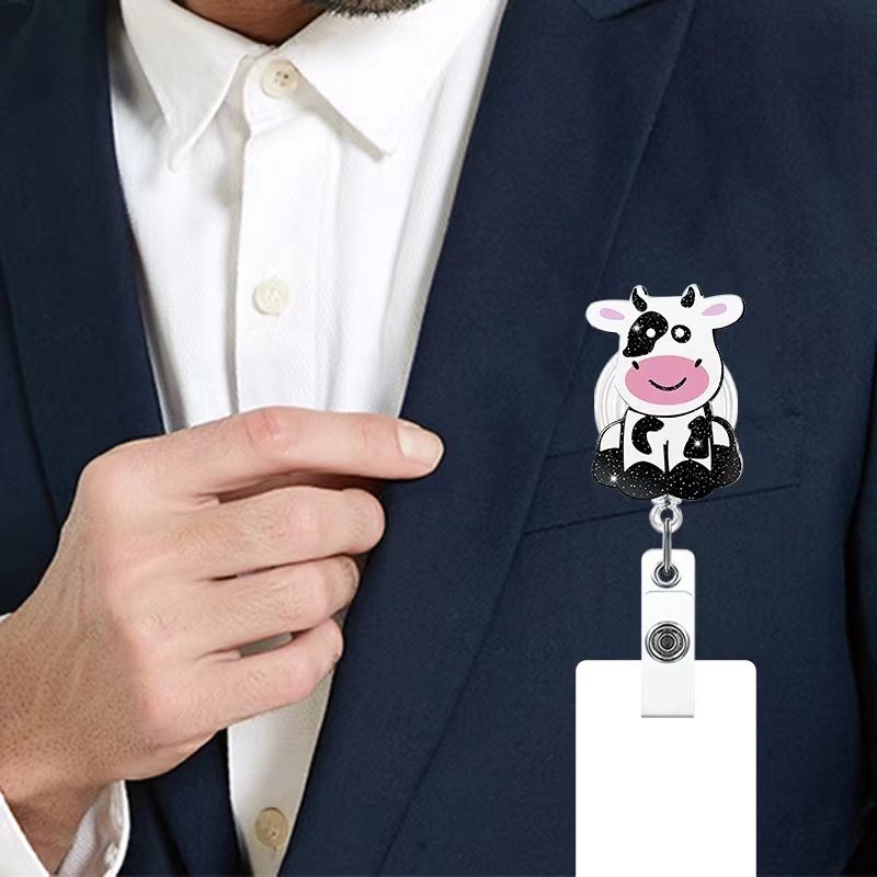 Cute animal Cow Acrylic Retractable Badge Holder Reels Alligator Clip ID Card Holder Name Badge Reel Clips for Students Teachers