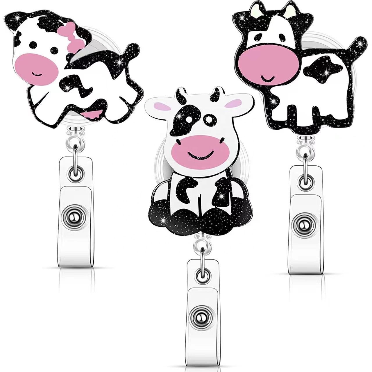 Cute animal Cow Acrylic Retractable Badge Holder Reels Alligator Clip ID Card Holder Name Badge Reel Clips for Students Teachers