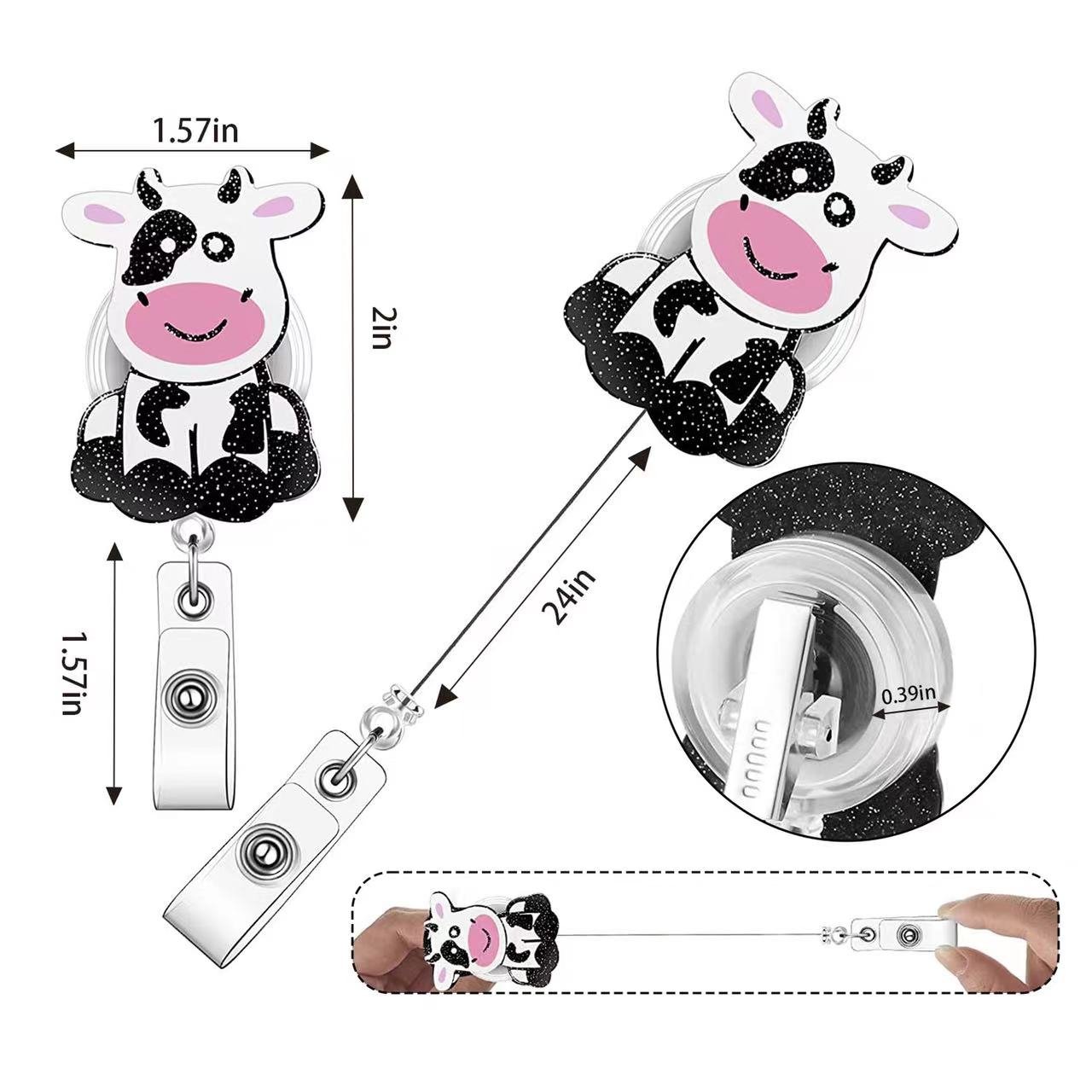 Cute animal Cow Acrylic Retractable Badge Holder Reels Alligator Clip ID Card Holder Name Badge Reel Clips for Students Teachers