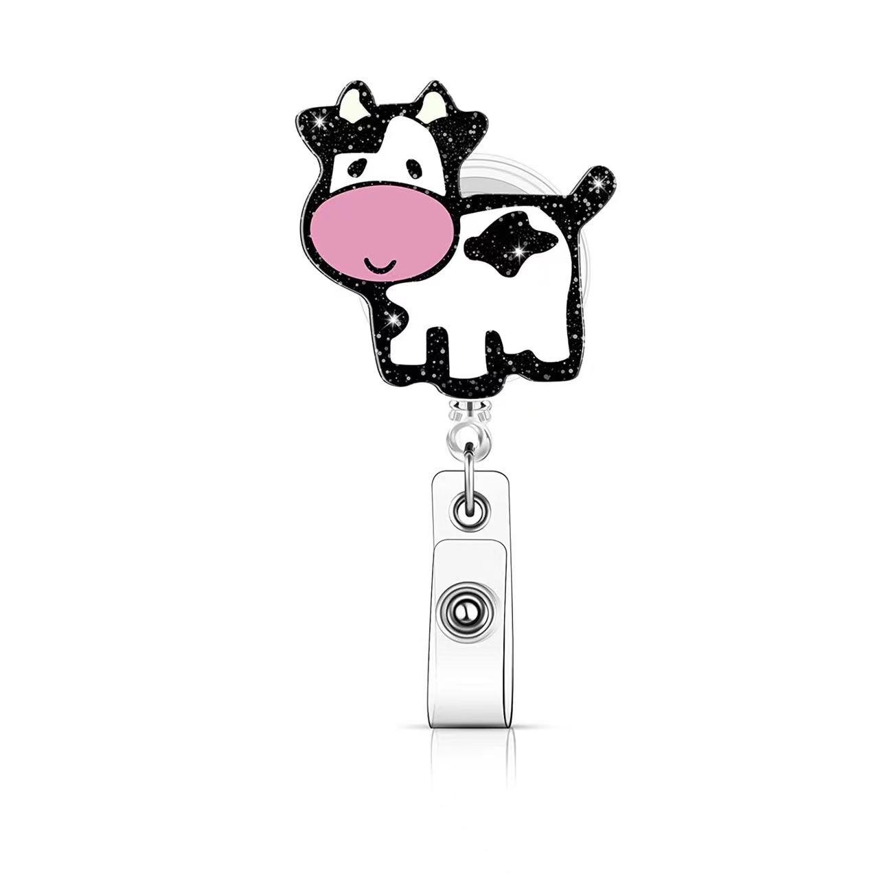 Cute animal Cow Acrylic Retractable Badge Holder Reels Alligator Clip ID Card Holder Name Badge Reel Clips for Students Teachers