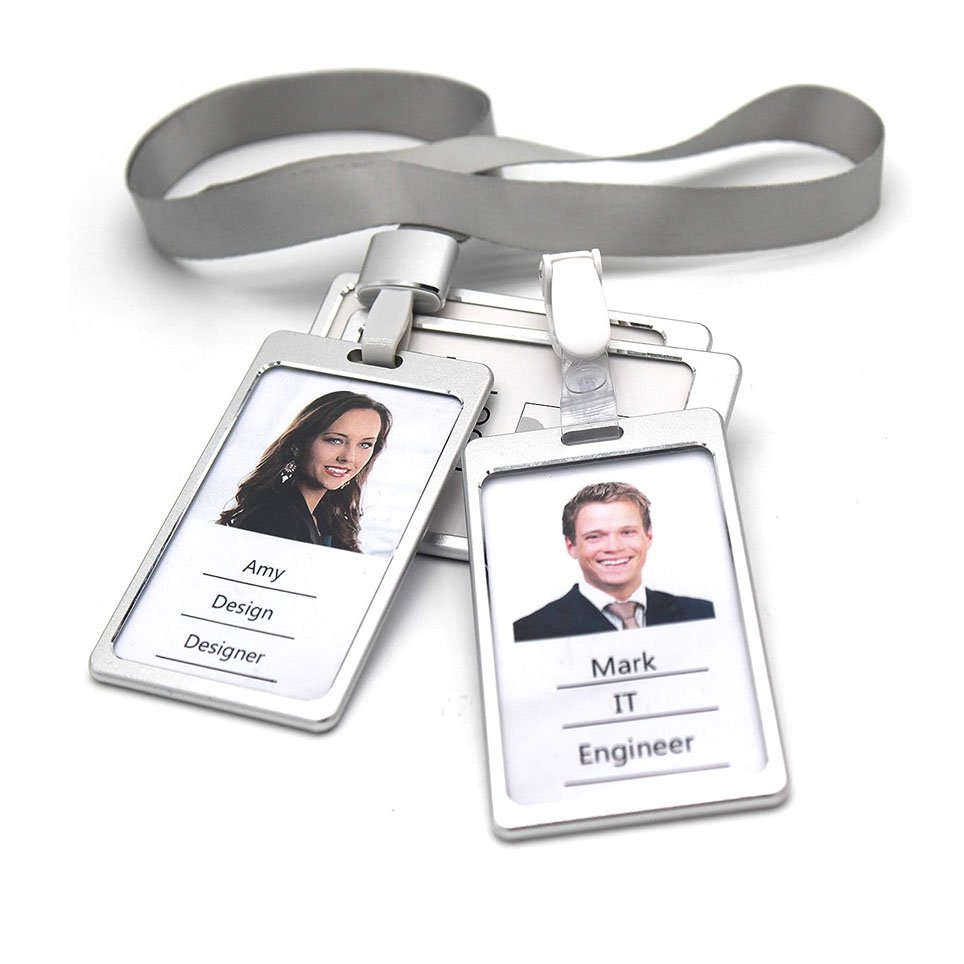 Removable Clip and Lanyard Dual Transparent Side Silvery Aluminium Alloy Badge Holder