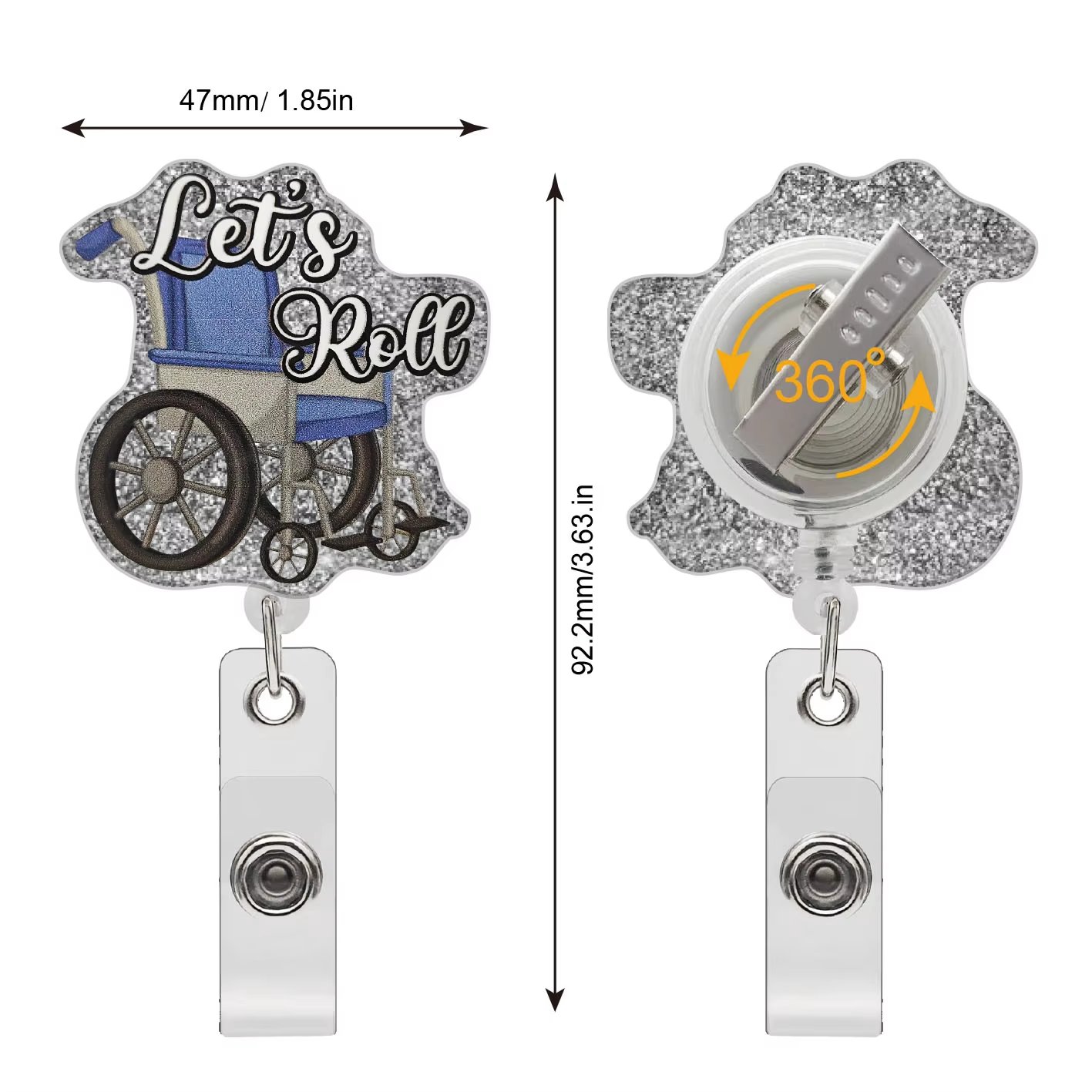 Let's Roll ID Card Badge Holder for Patient Transport Funny Wheel chair Silver Glitter Colleague Boss Badge Reel