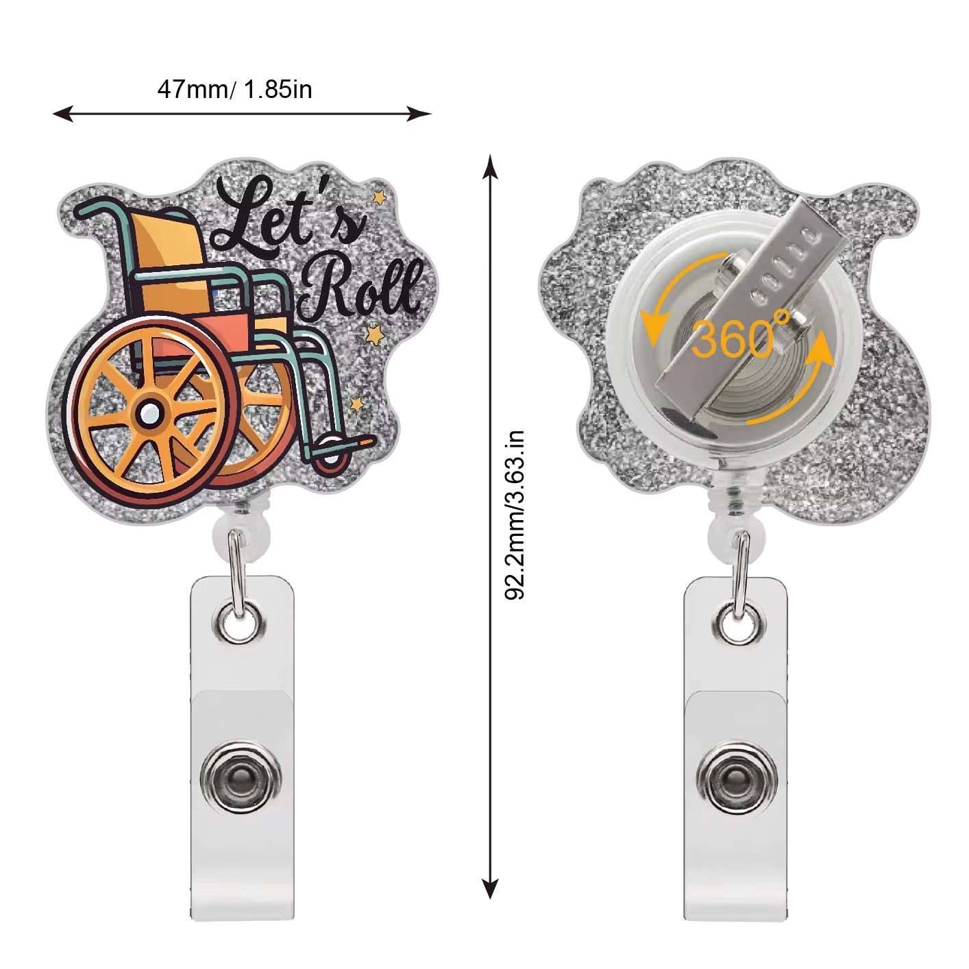 Let's Roll ID Card Badge Holder for Patient Transport Funny Wheel chair Silver Glitter Colleague Boss Badge Reel