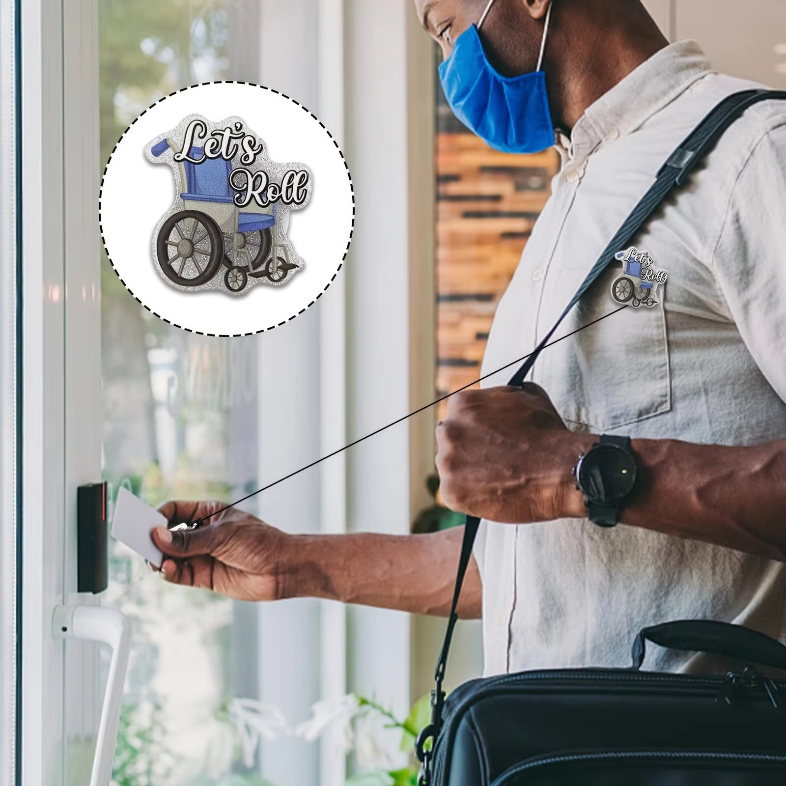 Let's Roll ID Card Badge Holder for Patient Transport Funny Wheel chair Silver Glitter Colleague Boss Badge Reel