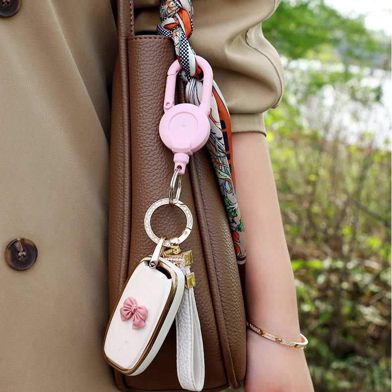P-076 Macaron Color Heavy Duty Carabiner Anti Lost Retractable Badge Reels Holders with Keychain Accessories