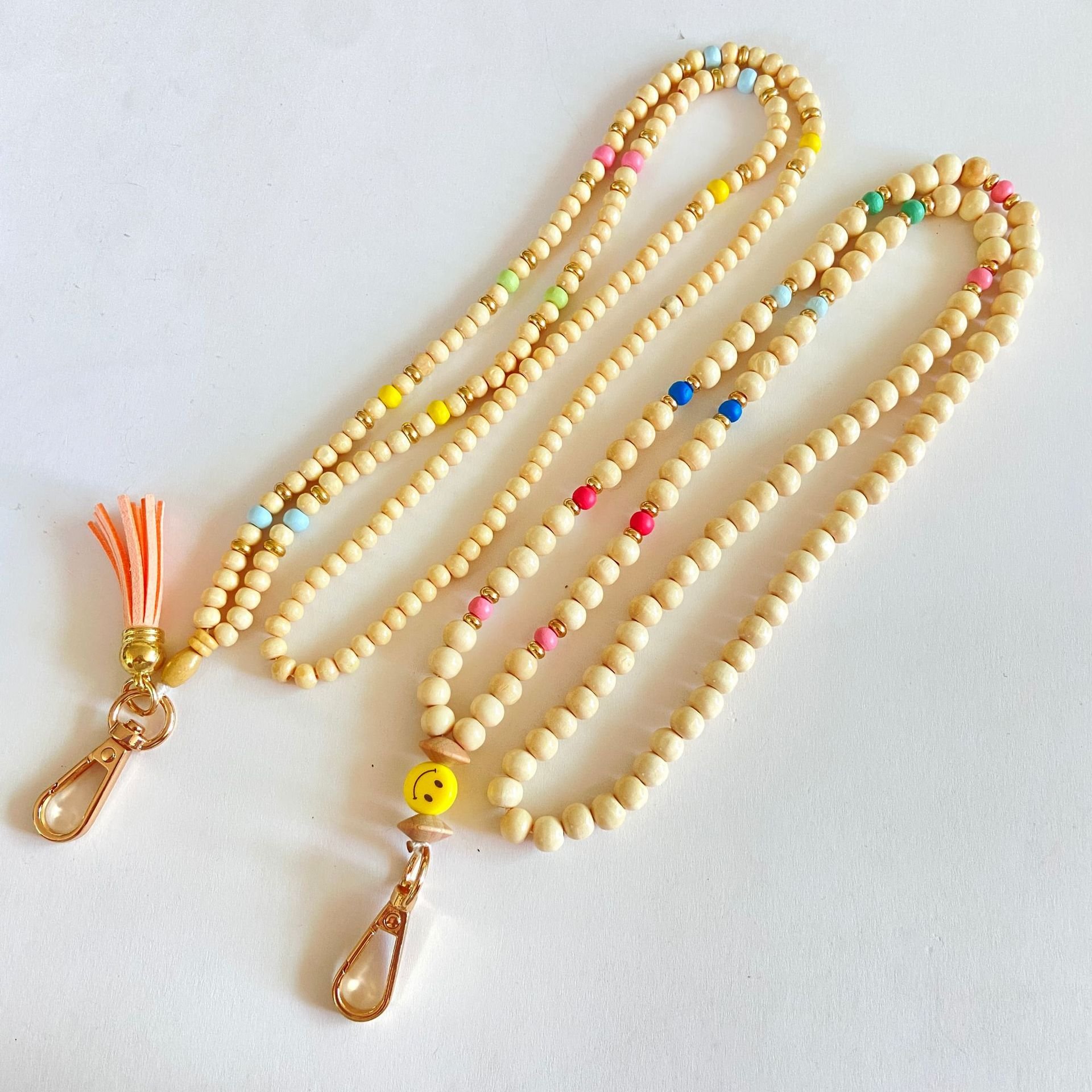 2024 Hot Sale Keys beaded lanyard Mobile Phone Long Strap Acrylic Smile Work Teacher ID Card Holders Wooden Beads Badge Lanyards