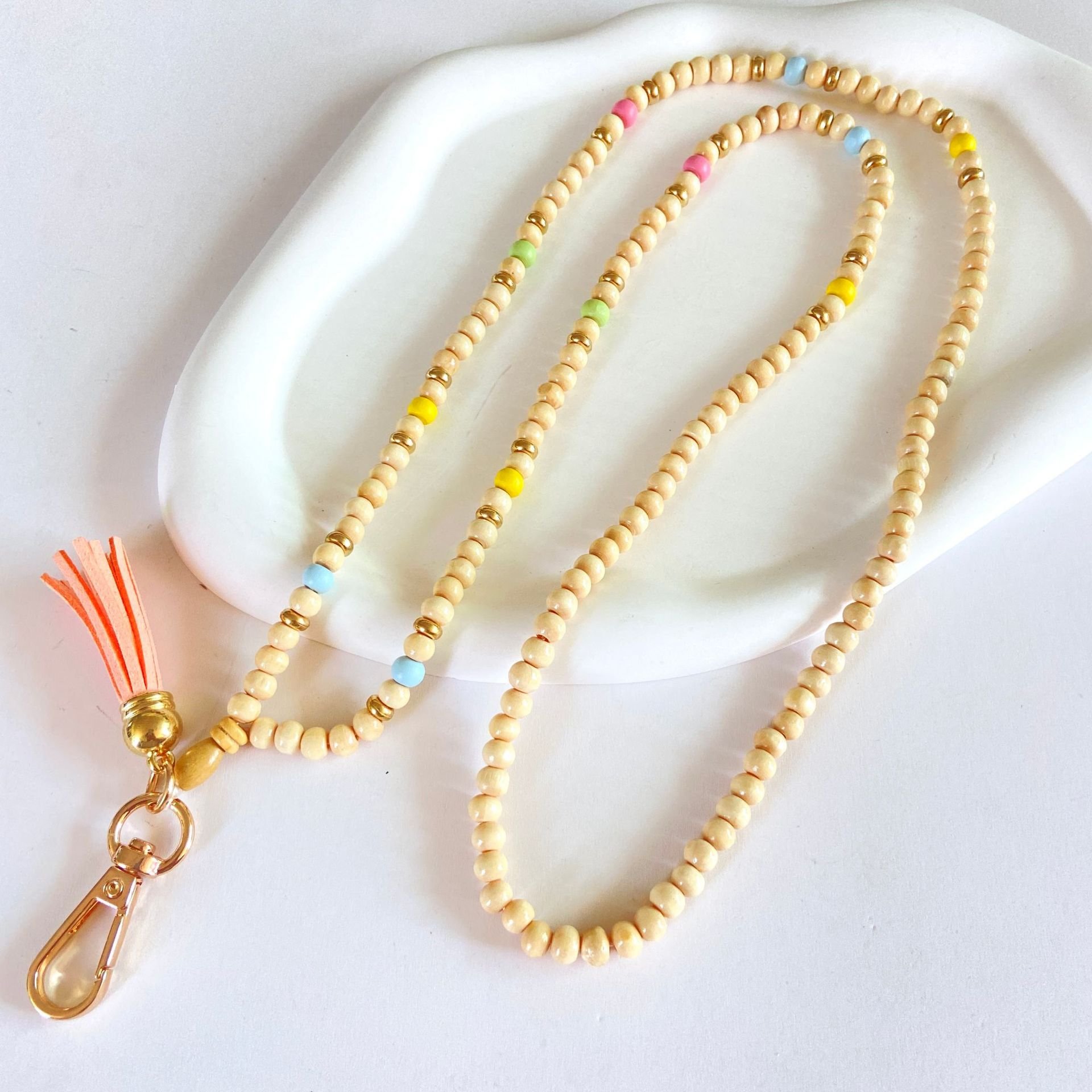 2024 Hot Sale Keys beaded lanyard Mobile Phone Long Strap Acrylic Smile Work Teacher ID Card Holders Wooden Beads Badge Lanyards