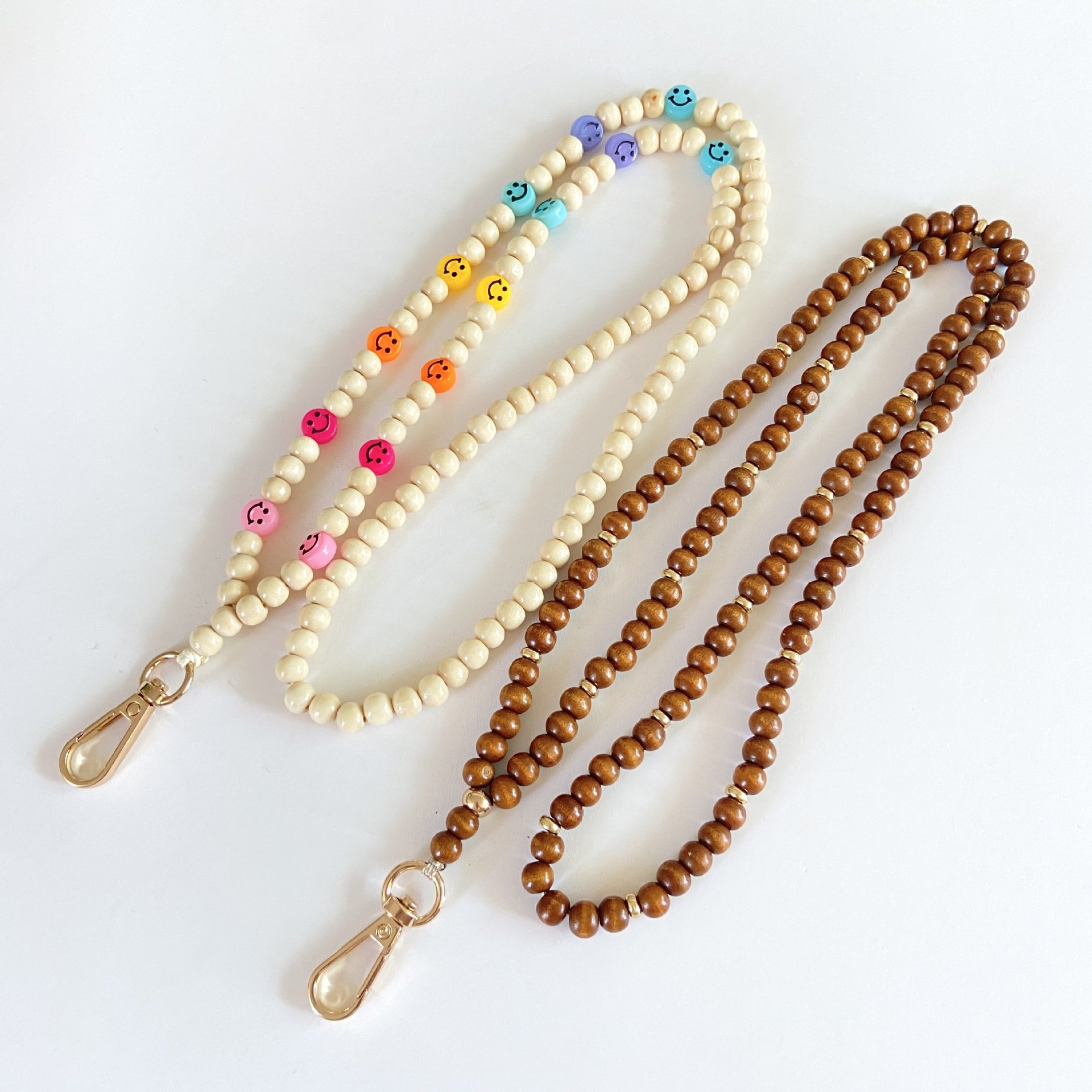 2024 Hot Sale Keys beaded lanyard Mobile Phone Long Strap Acrylic Smile Work Teacher ID Card Holders Wooden Beads Badge Lanyards
