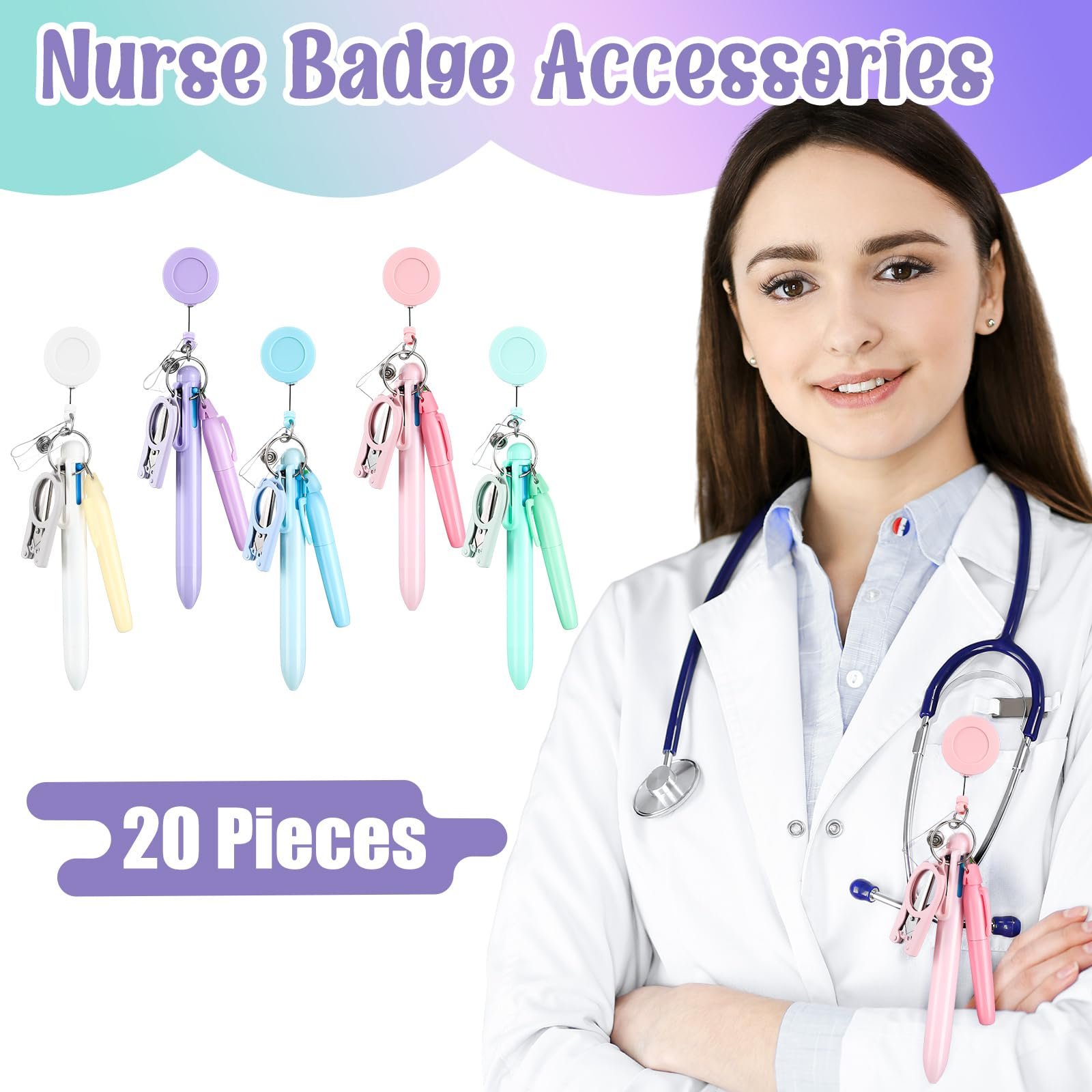 Permanent Marker Pen Light Ballpoint Pen Foldable Scissor LED Flashlight Nurse Accessories Retractable Badge Reel Nurse Pen Set