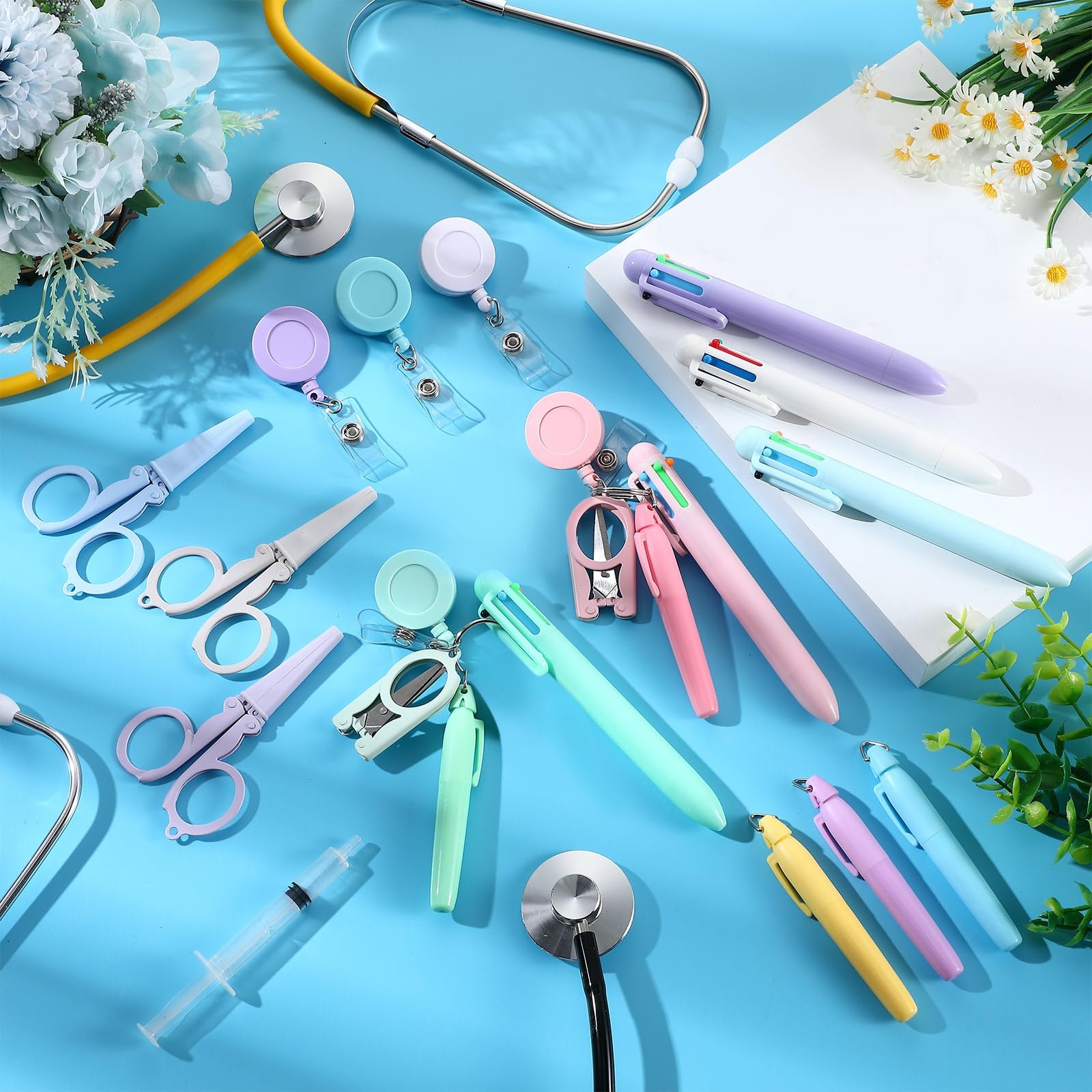 Permanent Marker Pen Light Ballpoint Pen Foldable Scissor LED Flashlight Nurse Accessories Retractable Badge Reel Nurse Pen Set