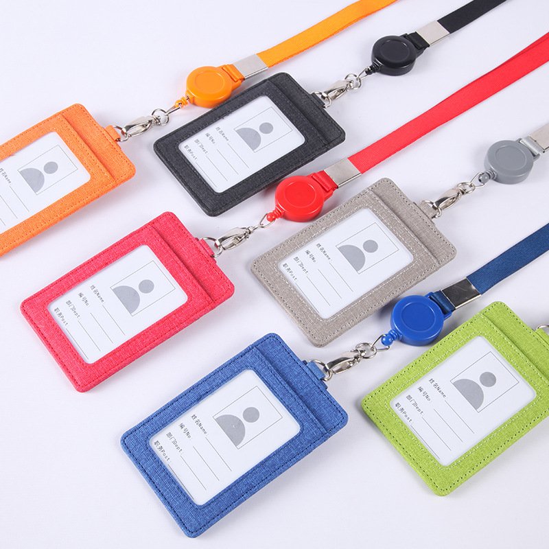 Pu Leather ID Badge Wallet Business ID Card Holder with Retractable Badge Reel Lanyard Necklace Neck Strap