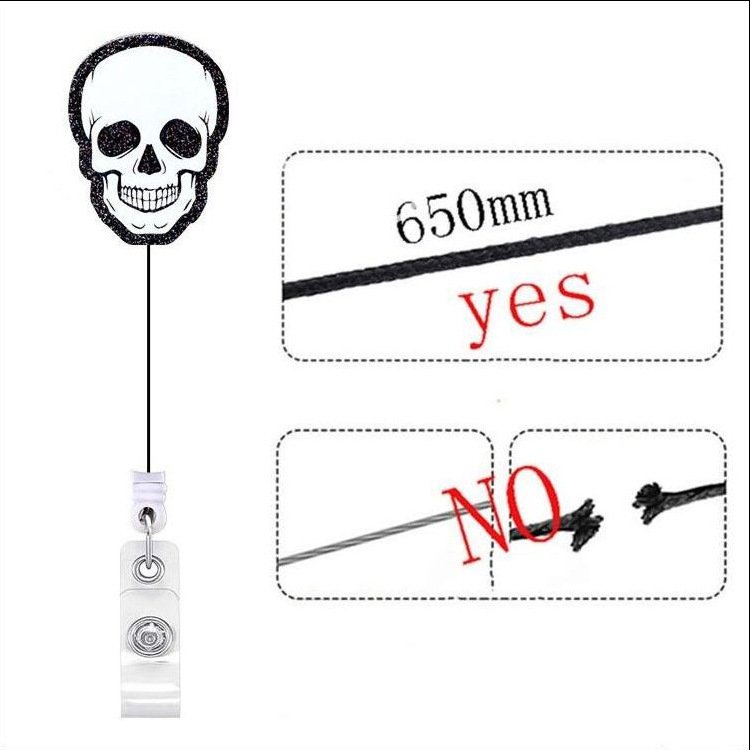 Skeleton Halloween Felt Acrylic Glitter ID Card Holder Skull Retractable Badge Reels With Clip Badge Reel For nurse Doctor
