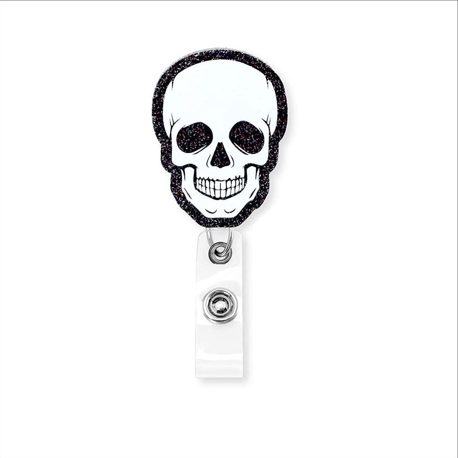 Skeleton Halloween Felt Acrylic Glitter ID Card Holder Skull Retractable Badge Reels With Clip Badge Reel For nurse Doctor