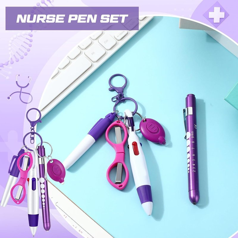 Permanent Marker Pen Light Ballpoint Pen Foldable Scissor LED Flashlight Nurse Accessories Retractable Badge Reel Nurse Pen Set