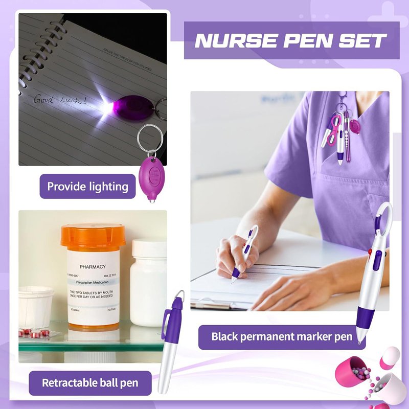 Permanent Marker Pen Light Ballpoint Pen Foldable Scissor LED Flashlight Nurse Accessories Retractable Badge Reel Nurse Pen Set