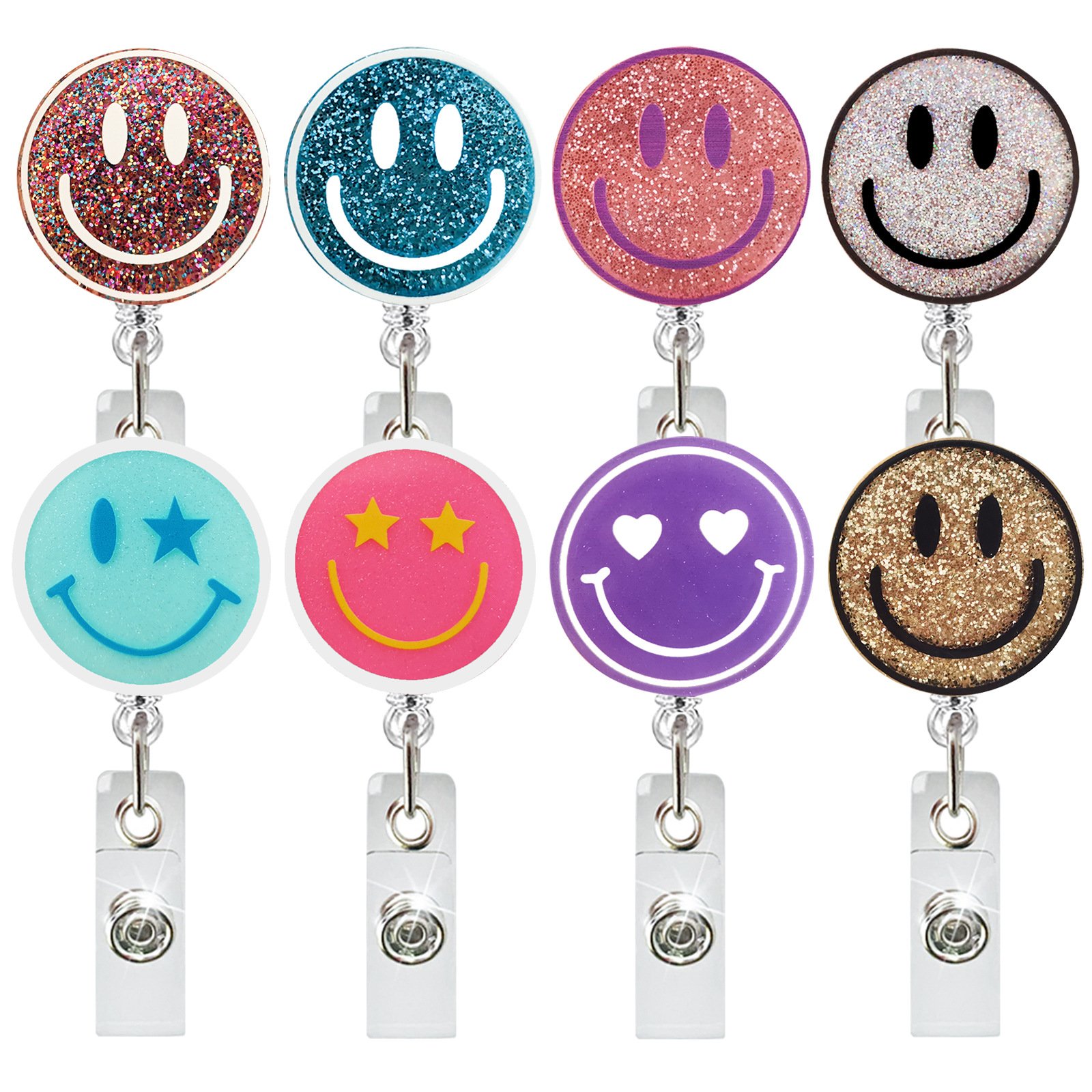 Fashionable and Minimalist Glitter Acrylic Smiley Face Retractable ID Buckle Rotating Crocodile Clip Medical Easy to Pull Buckle
