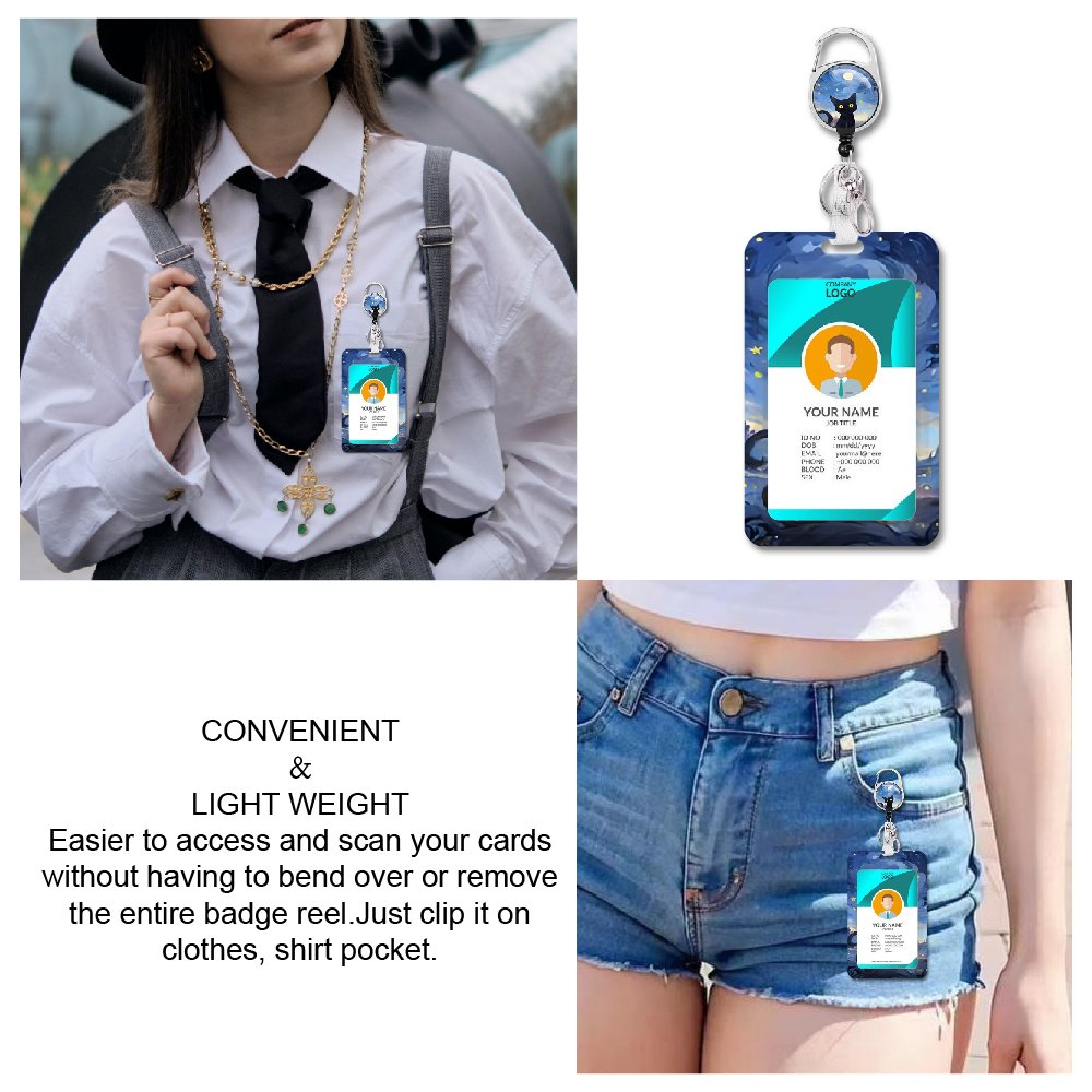 Cute Cat Under The Night Sky ID badge holders with retractable reel badge holder with retractable heavy badge reel