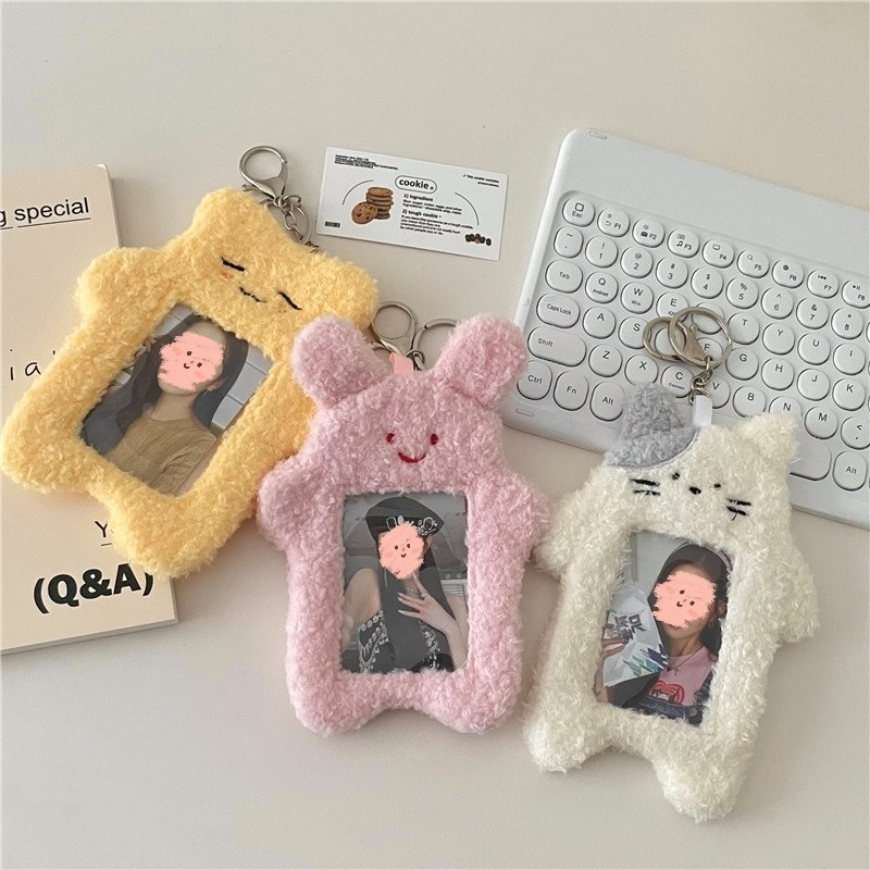 3 In cute plush bunny Rabbit cat idol kpop photocard keychain holder ID card badge holder Plush card holders for Kpop Photocards