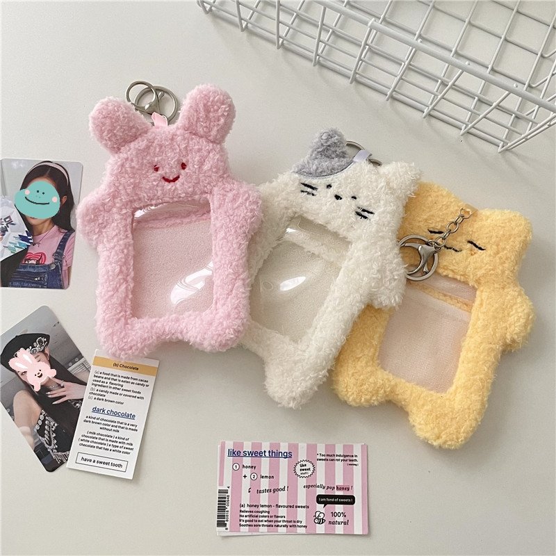 3 In cute plush bunny Rabbit cat idol kpop photocard keychain holder ID card badge holder Plush card holders for Kpop Photocards