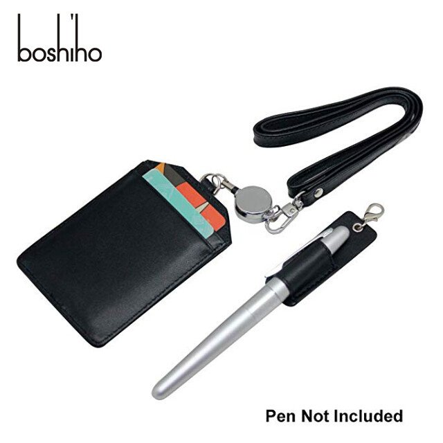 BOSHIHO Office Badge Holder - Boshiho Genuine Leather Credit ID Card Holder with Stretch Neck Lanyard Vertical Style