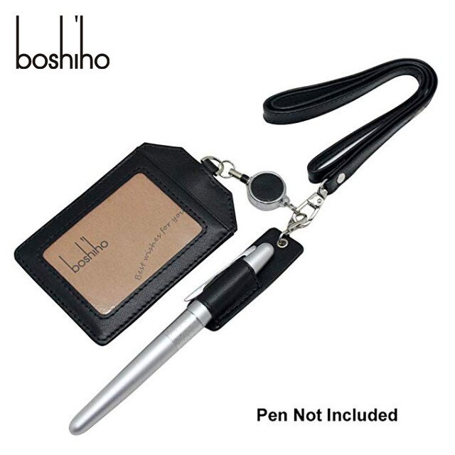 BOSHIHO Office Badge Holder - Boshiho Genuine Leather Credit ID Card Holder with Stretch Neck Lanyard Vertical Style