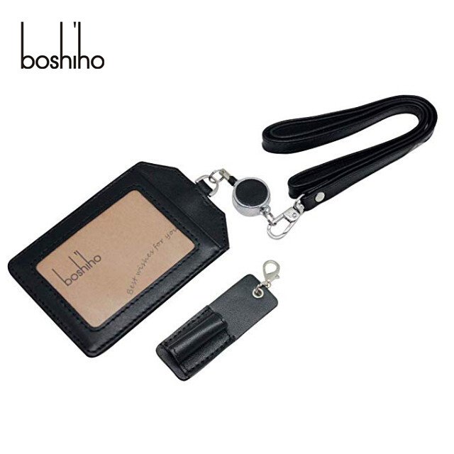 BOSHIHO Office Badge Holder - Boshiho Genuine Leather Credit ID Card Holder with Stretch Neck Lanyard Vertical Style