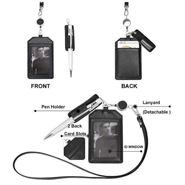 BOSHIHO Office Badge Holder - Boshiho Genuine Leather Credit ID Card Holder with Stretch Neck Lanyard Vertical Style