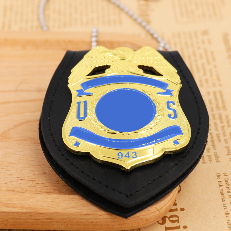 Manufacturer Custom Free Design Logo Gold Plated Shield Guard Design Badge Security Badges with Chain Leather Holder