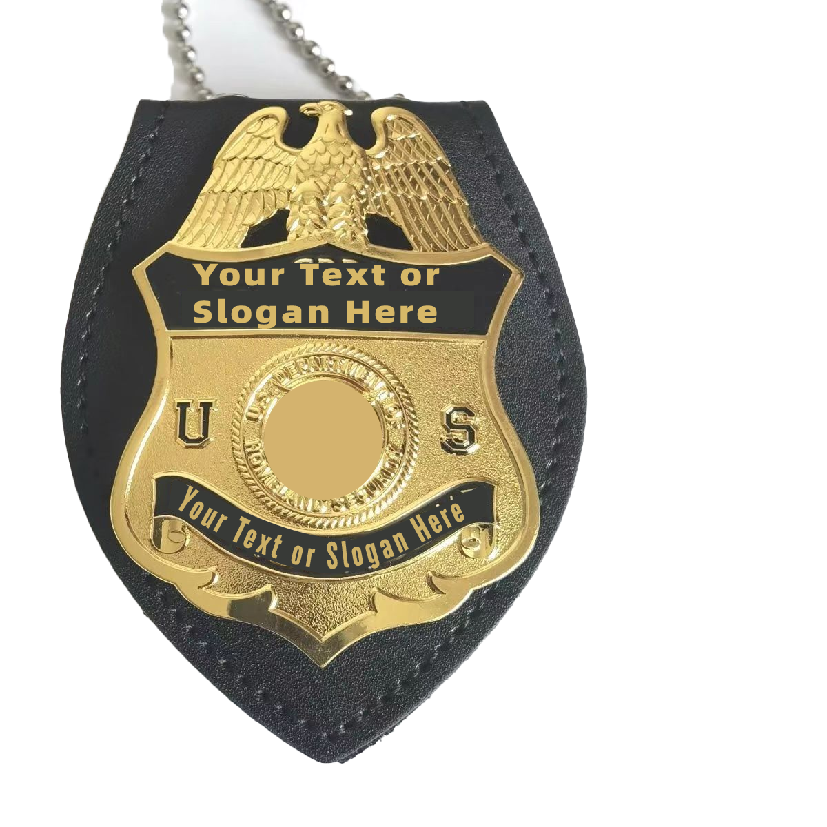 Manufacturer Custom Free Design Logo Gold Plated Shield Guard Design Badge Security Badges with Chain Leather Holder