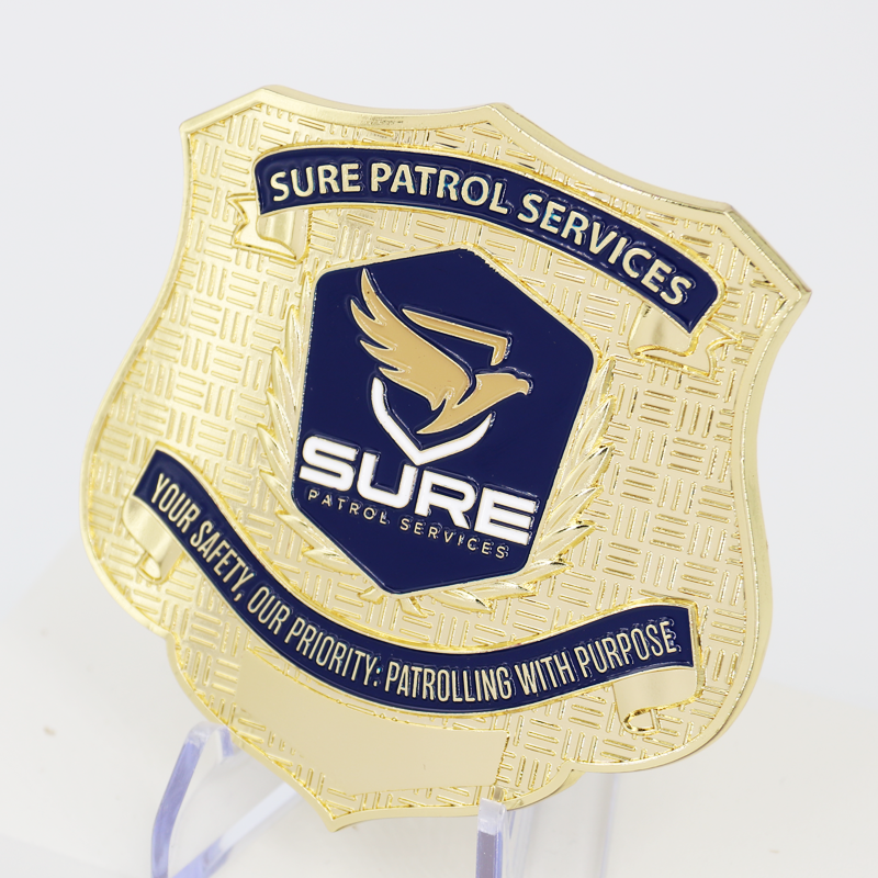 Manufacturer Custom Free Design Logo Gold Plated Shield Guard Design Badge Security Badges with Chain Leather Holder