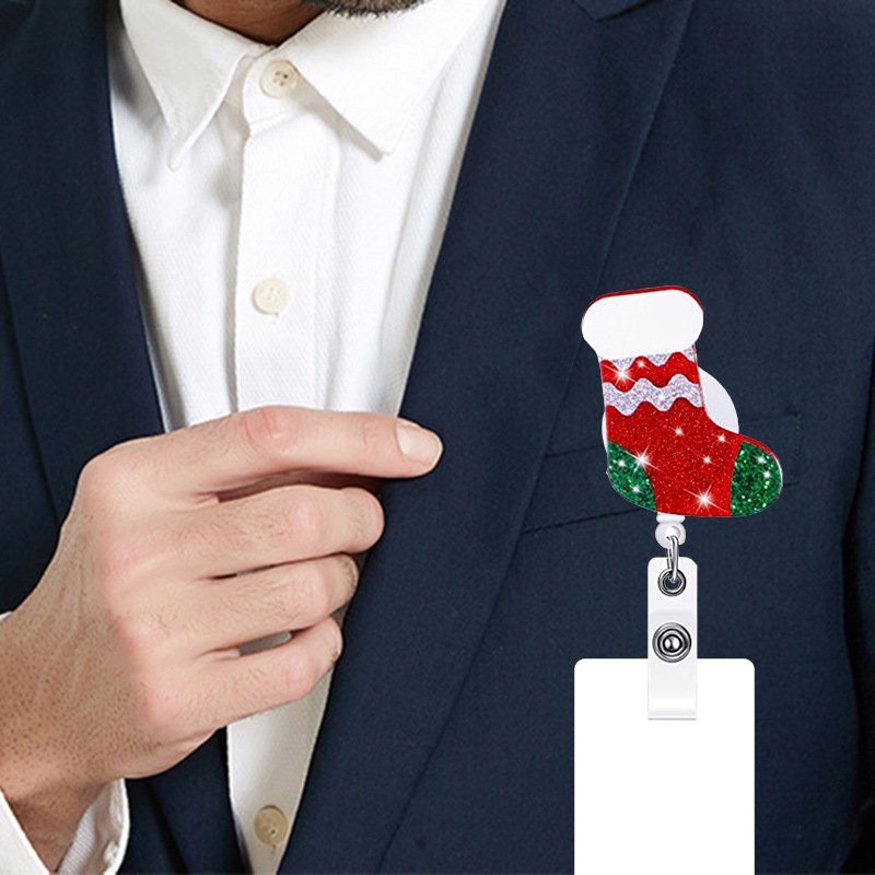 Christmas Acrylic Glitter Cookie Snowman Reindeer Retractable Badge Reel Holder Children Nurse Worker Gift Uniform Decoration