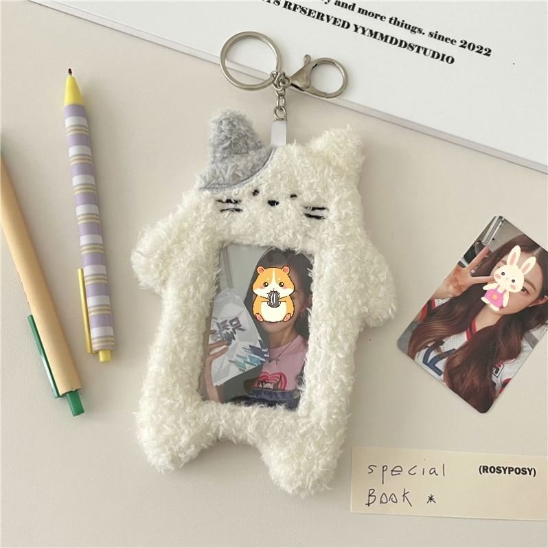 3 inch cute plush bunny Rabbit cat idol kpop photocard keychain holder ID card badge holder Plush card holders Kpop Photocards