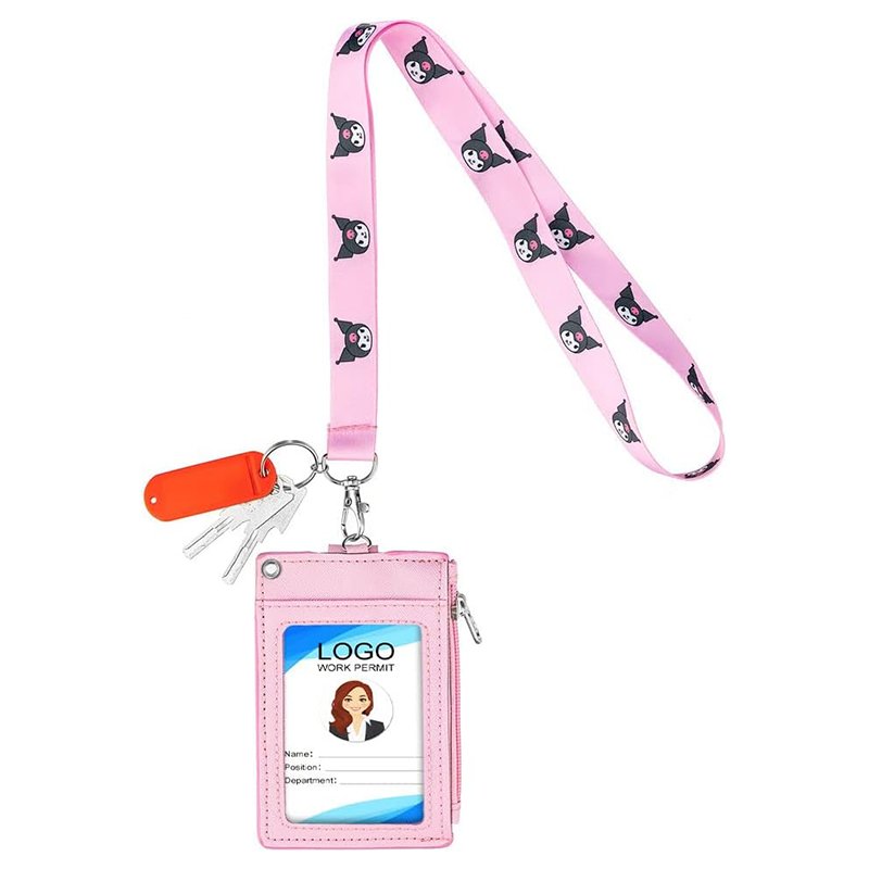 2-Sided 5 Card Slots Zippered Pocket Keychain Anime Kuromi PU Leather Lanyards Wallet ID Card Badge Holder