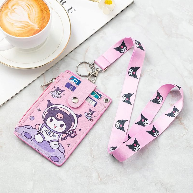 2-Sided 5 Card Slots Zippered Pocket Keychain Anime Kuromi PU Leather Lanyards Wallet ID Card Badge Holder