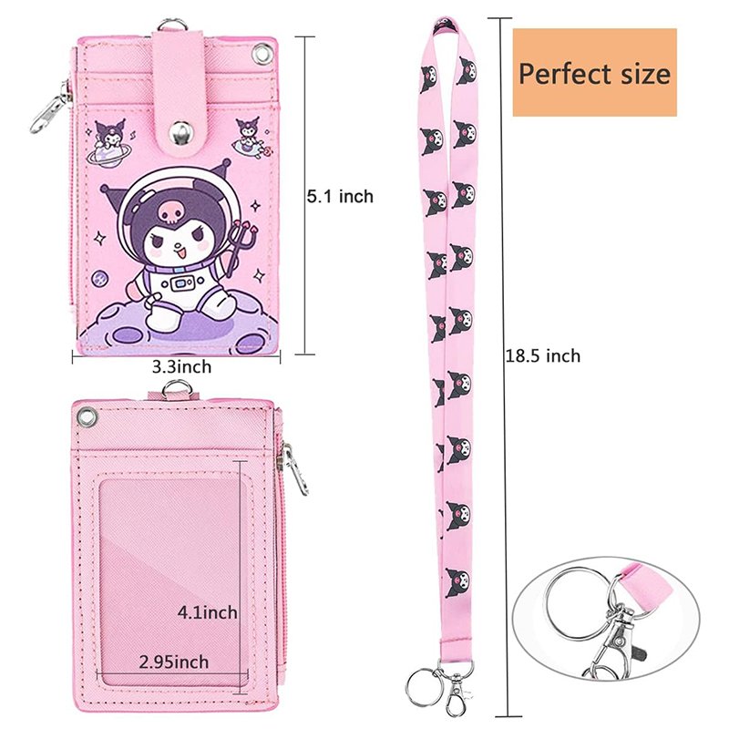 2-Sided 5 Card Slots Zippered Pocket Keychain Anime Kuromi PU Leather Lanyards Wallet ID Card Badge Holder