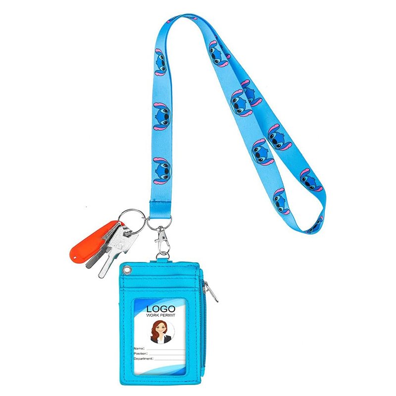 2-Sided 5 Card Slots Zippered Pocket Lanyard Keychain Anime Stitch PU Leather Wallet ID Card Badge Holder