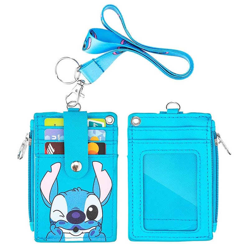2-Sided 5 Card Slots Zippered Pocket Lanyard Keychain Anime Stitch PU Leather Wallet ID Card Badge Holder