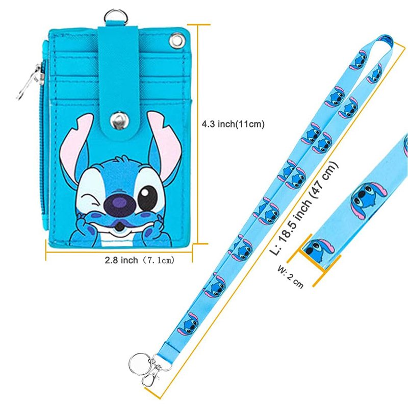 2-Sided 5 Card Slots Zippered Pocket Lanyard Keychain Anime Stitch PU Leather Wallet ID Card Badge Holder