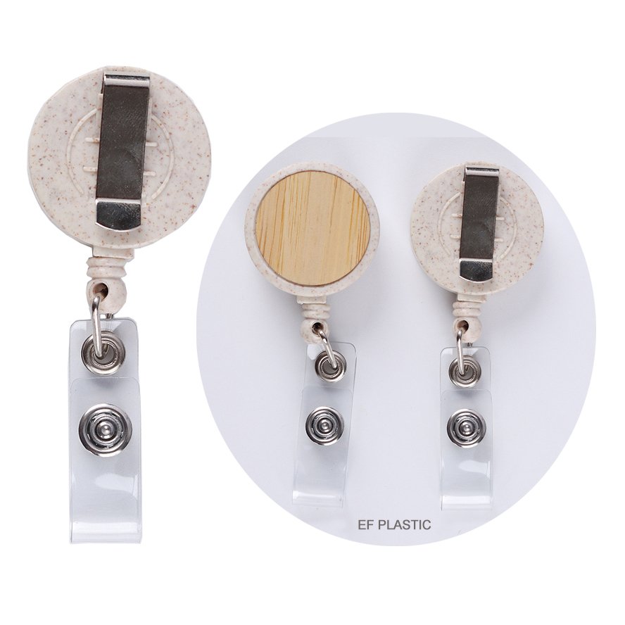 Eco-friendly natural wheat straw bamboo material round name ID badge holder badge reel for ID card holder