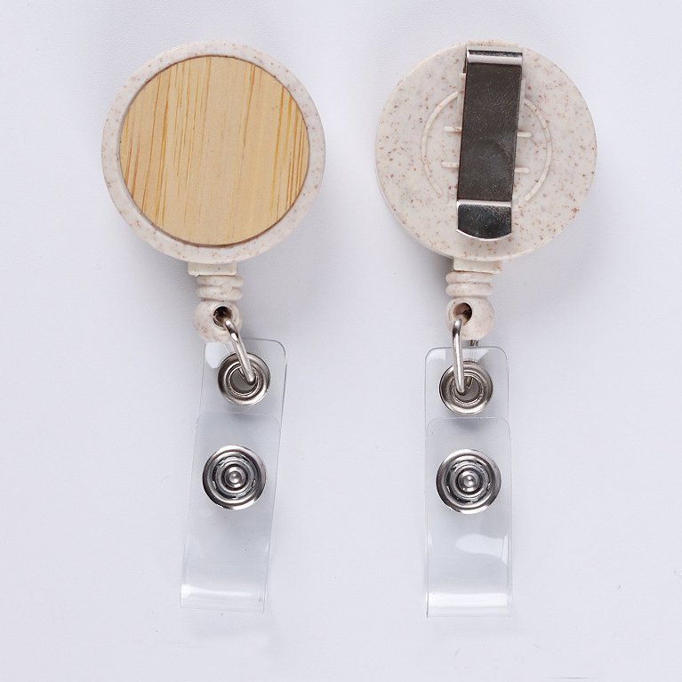 Eco-friendly natural wheat straw bamboo material round name ID badge holder badge reel for ID card holder