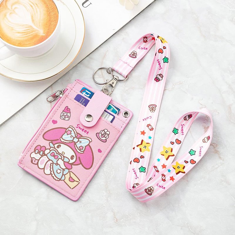 2-Sided 5 Card Slots Zippered Pocket Lanyards Keychain Anime Melody PU Leather ID Card Wallet Badge Holder