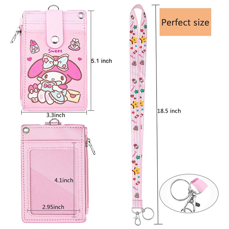 2-Sided 5 Card Slots Zippered Pocket Lanyards Keychain Anime Melody PU Leather ID Card Wallet Badge Holder