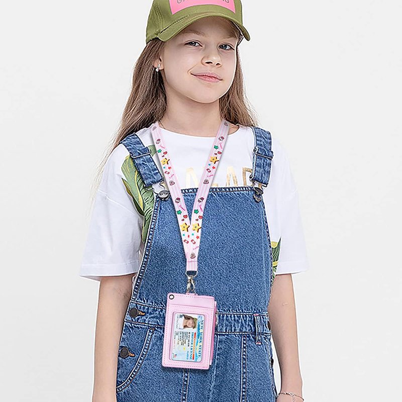 2-Sided 5 Card Slots Zippered Pocket Lanyards Keychain Anime Melody PU Leather ID Card Wallet Badge Holder