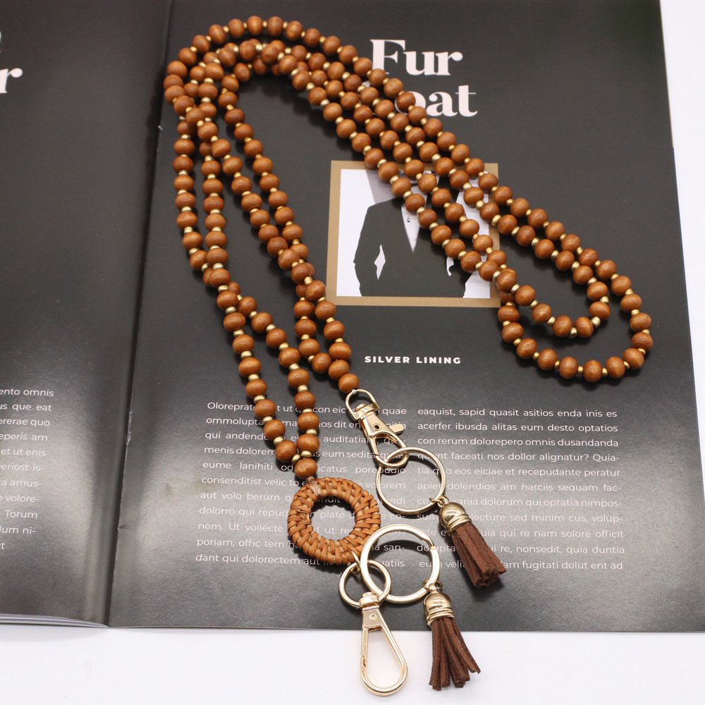 Fashion Rattan Wooden Bead Lanyards ID Badges Beaded Nurse Necklace Boho Lanyards Wooden Bead Teacher Breakaway Lanyards