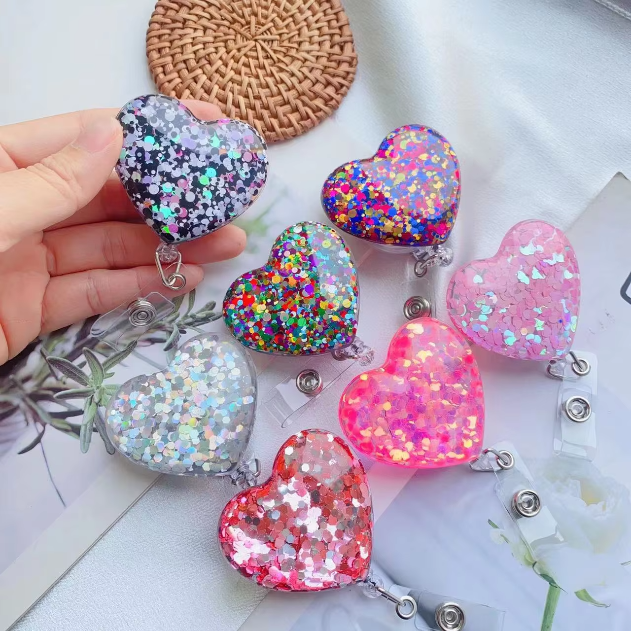 Hot Selling Glitter Nursing Nurse Doctor Work Student Badge Reel Acrylic Retractable Id Card Badge Holder With Alligator Clip