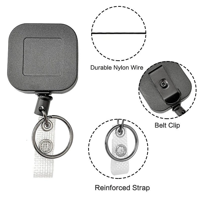 P-053 Black ABS Retractable Square Badge Reel Holder with Vinyl snap and Clip for Belt Loops