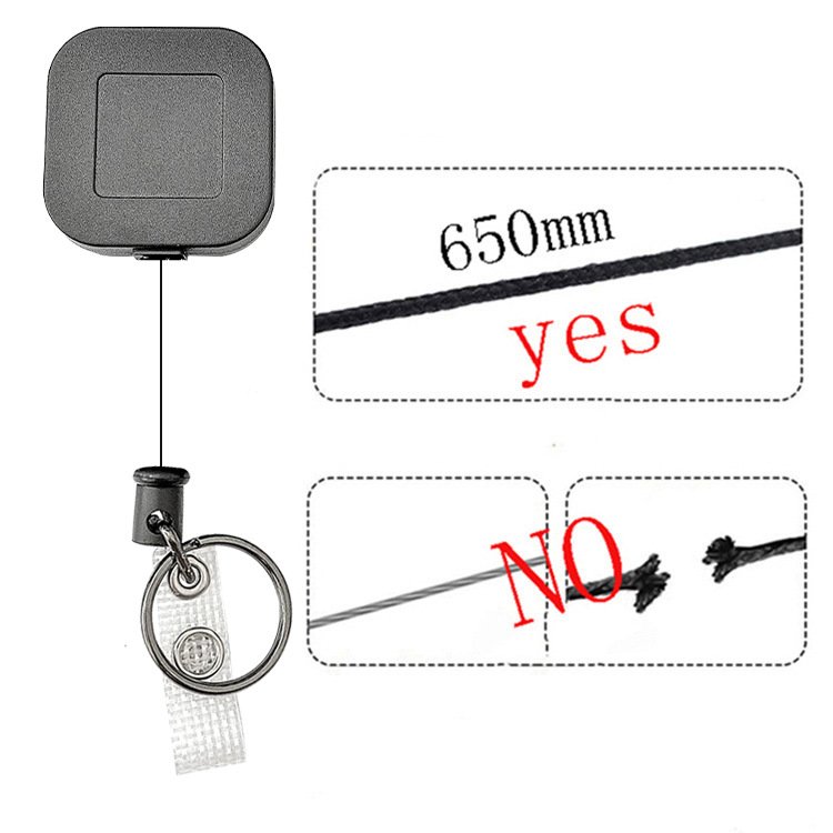 P-053 Black ABS Retractable Square Badge Reel Holder with Vinyl snap and Clip for Belt Loops