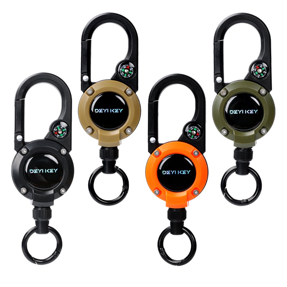 Multifunctional Heavy-Duty Stainless Steel Metal Retractable Buckle Easy-Pull D-Hook Badge Reel Compass Mountain Keychain