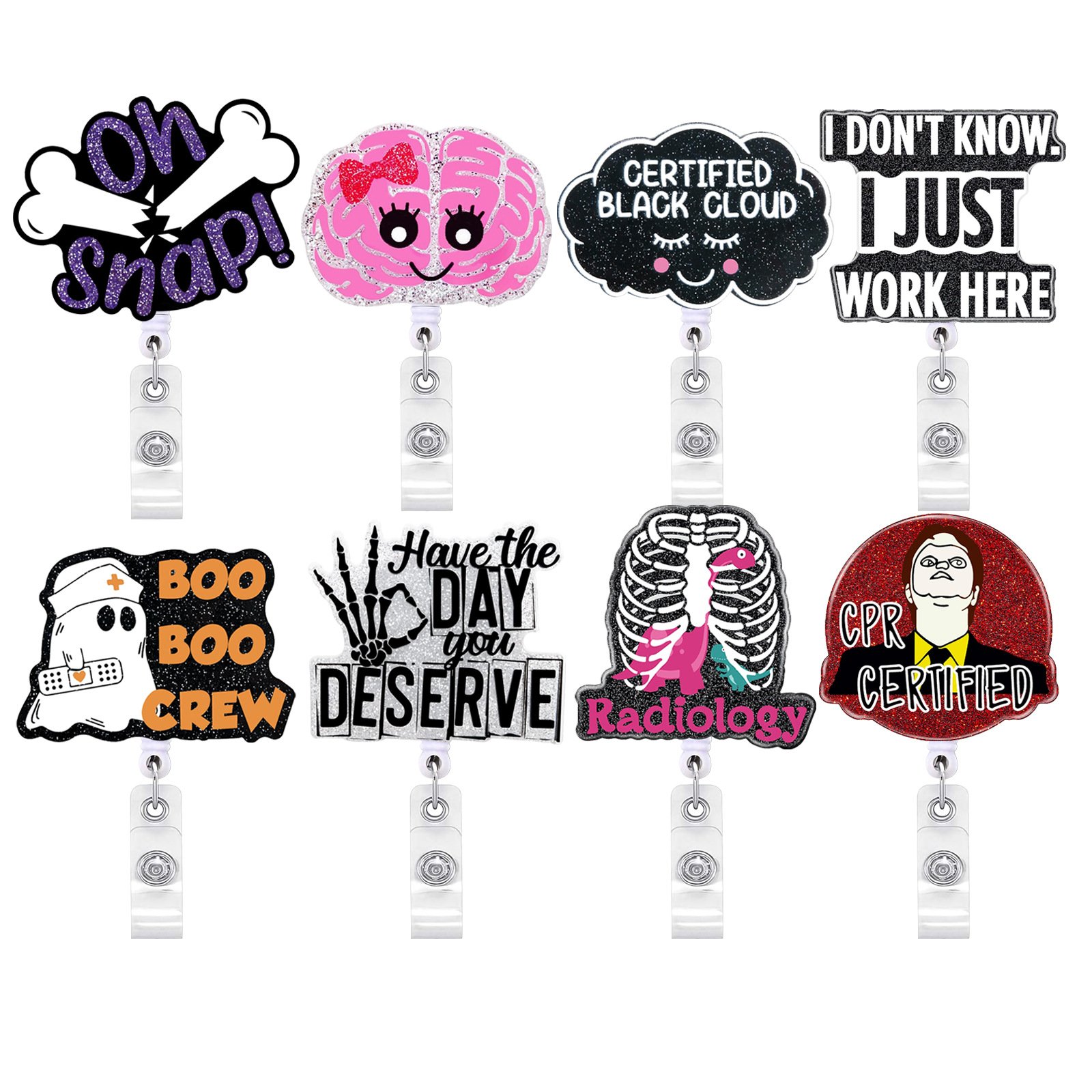 Glitter Acrylic Halloween Ghost Medical ID Holder Work Pass retractable clip Badge Scroll