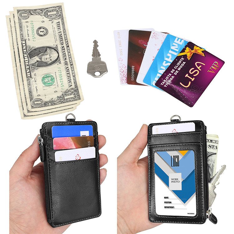 Multi-function Zipper Pocket ID Credit Card Holder Leather Badge Holder with Lanyard